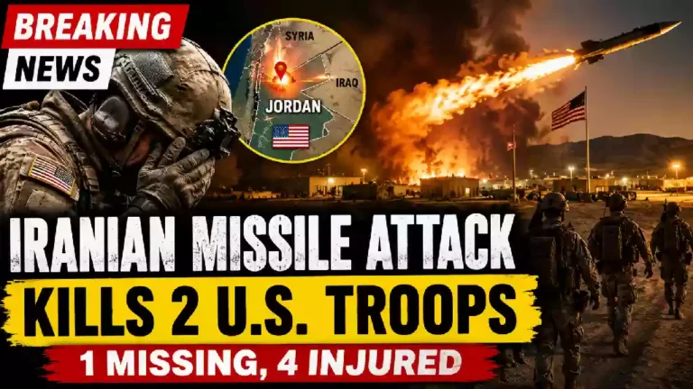 Dramatic illustration of an Iranian missile striking a U.S. military base in Jordan as explosions erupt, with American troops in the foreground and a map highlighting Jordan during escalating U.S.-Iran tensions.