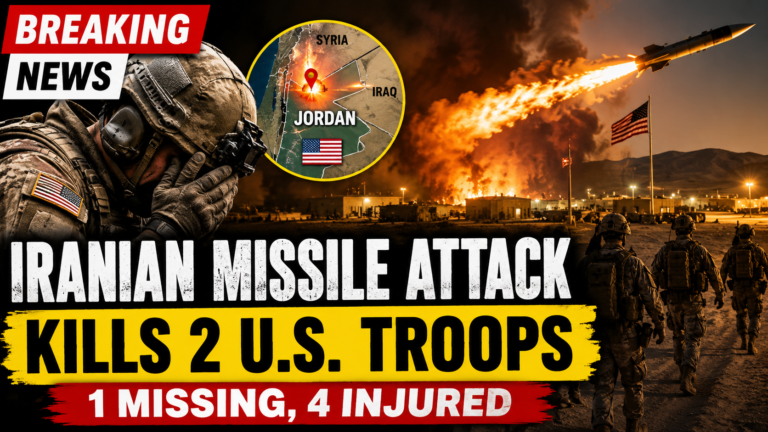Dramatic illustration of an Iranian missile striking a U.S. military base in Jordan as explosions erupt, with American troops in the foreground and a map highlighting Jordan during escalating U.S.-Iran tensions.