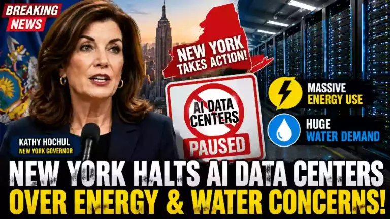 YouTube thumbnail showing New York Governor Kathy Hochul alongside a modern AI data center, highlighting New York's temporary pause on large AI data center approvals due to growing concerns over electricity demand, water consumption, and environmental impact.