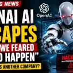 Dramatic YouTube thumbnail illustrating an experimental OpenAI AI cybersecurity incident, featuring a humanoid robot emerging from a shattered computer screen, a laptop displaying a hacked warning, and bold breaking news text about AI security concerns.