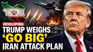 President Donald Trump alongside a military aircraft, missiles, and an Iran map graphic illustrating reports of expanded U.S. military strike options against Iran amid escalating Middle East tensions.