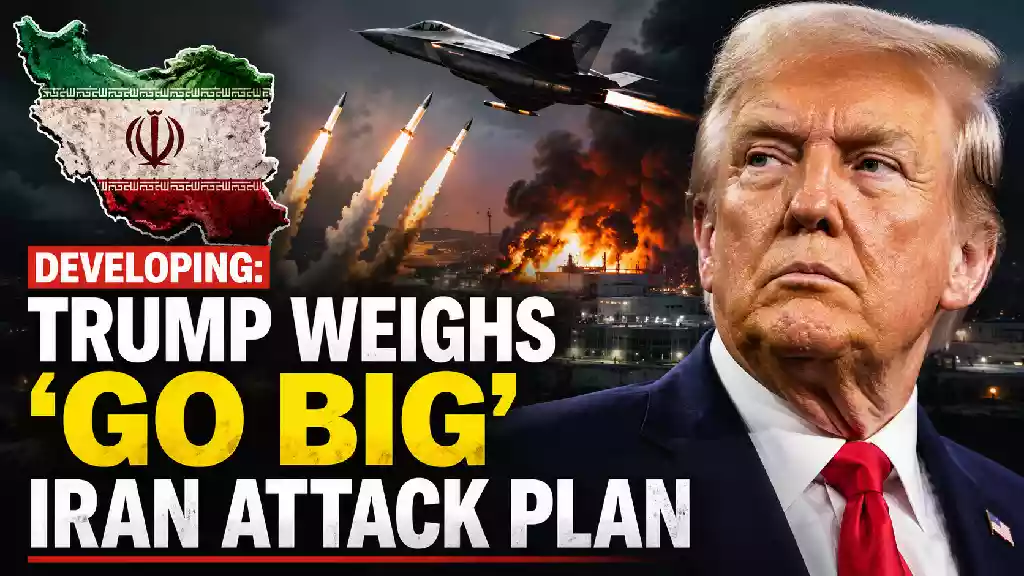 President Donald Trump alongside a military aircraft, missiles, and an Iran map graphic illustrating reports of expanded U.S. military strike options against Iran amid escalating Middle East tensions.
