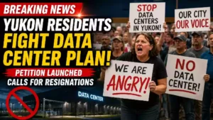 Protesters gather at a Yukon, Oklahoma city meeting opposing a proposed data center project, displaying signs against data centers as residents launch a petition and voice concerns over noise, electricity costs, and local government decisions.