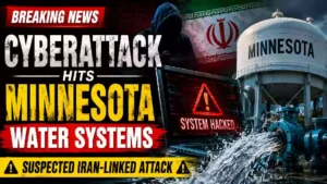 Breaking news YouTube thumbnail showing a hooded hacker, a Minnesota water tower, water infrastructure, and a hacked computer screen, illustrating a suspected cyberattack targeting Minnesota water systems and concerns over aging U.S. critical infrastructure.