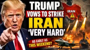 President Donald Trump points toward the camera as dramatic graphics depict missiles launching toward Iran, with a U.S. warship, fighter jet, and map of Iran illustrating escalating tensions over possible U.S. military strikes in the Middle East.