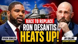Florida Republican gubernatorial candidates Byron Donalds and Jay Collins appear in a political news thumbnail highlighting the race to replace Governor Ron DeSantis, with the Florida State Capitol and state imagery in the background.