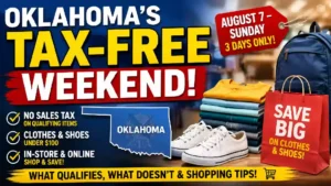 YouTube thumbnail promoting Oklahoma's Annual Tax-Free Weekend featuring bold text, clothing, shoes, backpack, shopping bag, and information about tax-free savings on qualifying clothing and footwear purchases under $100 during Oklahoma's sales tax holiday.