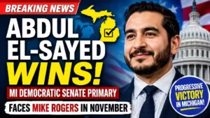 Abdul El-Sayed celebrates after winning the Michigan Democratic Senate primary in a breaking news YouTube thumbnail announcing his projected victory and upcoming November election against Republican Mike Rogers.