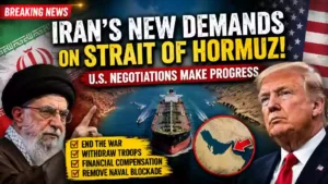 Iran's new demands for reopening the Strait of Hormuz as U.S.-Iran negotiations continue, featuring Donald Trump, Iran's Supreme Leader, and an oil tanker navigating the strategic waterway.