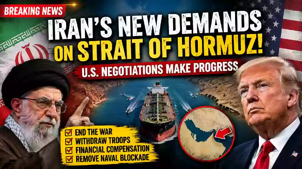 Iran's new demands for reopening the Strait of Hormuz as U.S.-Iran negotiations continue, featuring Donald Trump, Iran's Supreme Leader, and an oil tanker navigating the strategic waterway.