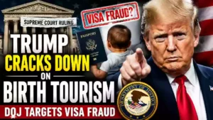 Trump administration birth tourism crackdown after Supreme Court birthright citizenship ruling, with U.S. Supreme Court, Donald Trump, baby, passport and DOJ visa fraud imagery