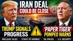 President Donald Trump and former Secretary of State Mike Pompeo featured in a YouTube thumbnail about ongoing Iran nuclear negotiations, the Strait of Hormuz, and the potential U.S.-Iran diplomatic agreement.
