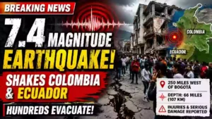 7.4-magnitude earthquake shakes Colombia and Ecuador, showing damaged buildings, evacuated residents, earthquake map, and seismic activity