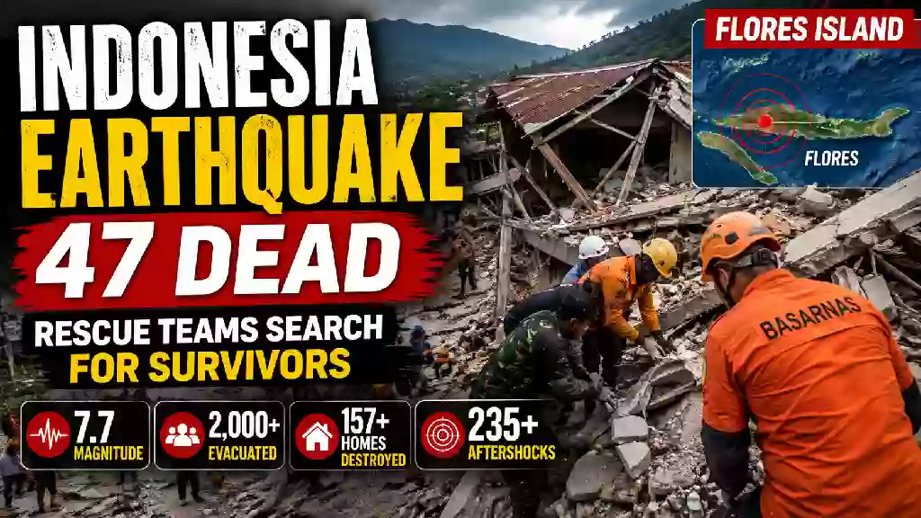 Indonesia earthquake thumbnail showing collapsed buildings and rescue workers searching rubble after a powerful 7.7-magnitude earthquake on Flores Island, with 47 deaths reported and thousands evacuated.