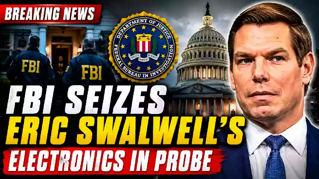 Eric Swalwell FBI investigation thumbnail showing FBI agents, Department of Justice seal, U.S. Capitol and former Congressman Eric Swalwell