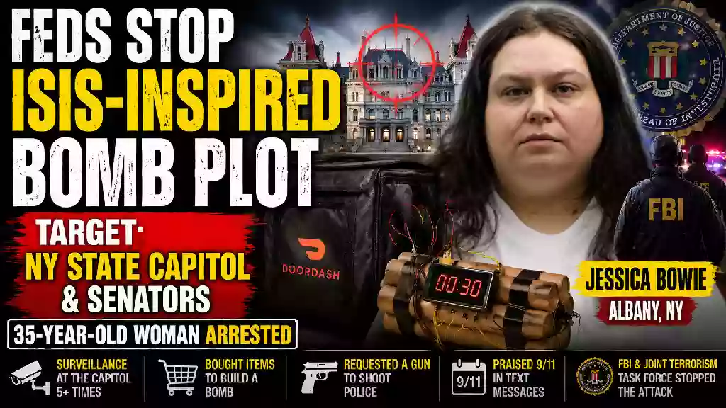 Jessica Bowie alleged ISIS-inspired New York State Capitol bomb plot thumbnail showing Albany Capitol, FBI agents, and alleged bomb plot investigation