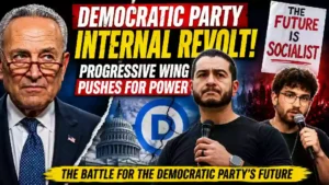 Democratic Party internal revolt thumbnail featuring Chuck Schumer, Abdul El-Sayed, and Hasan Piker, with the U.S. Capitol and Democratic Party logo in the background and headlines about the progressive wing pushing for political power.