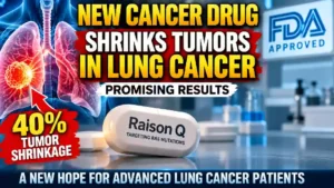New targeted cancer drug Raison Q shows promising tumor shrinkage in advanced lung cancer, with 40% tumor shrinkage highlighted alongside lung cancer imagery and FDA approval graphic.