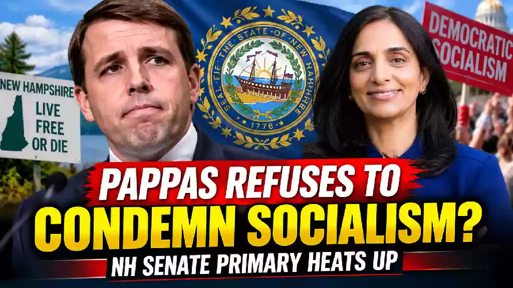 Chris Pappas and Karishma Manzoor featured in a dramatic New Hampshire Senate primary graphic highlighting questions over socialism and the Democratic primary race.
