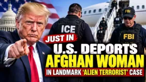 Donald Trump points toward the camera as ICE and FBI agents stand near a deportation aircraft in a dramatic U.S. immigration enforcement scene, highlighting the landmark Afghan woman alien terrorist deportation case.