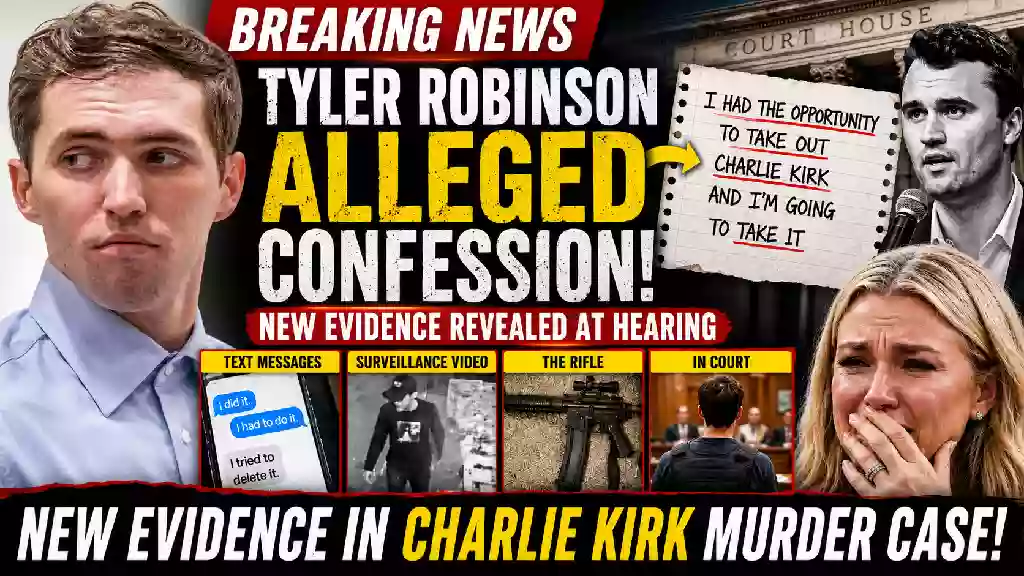 YouTube thumbnail showing Tyler Robinson during a preliminary hearing in the Charlie Kirk murder case, alongside Charlie Kirk, courtroom imagery, alleged evidence, and breaking news graphics.
