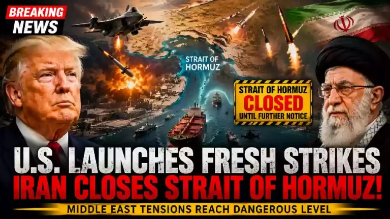 U.S. airstrikes on Iran and Strait of Hormuz closure illustrated in a breaking news YouTube thumbnail featuring President Donald Trump, Iran's Supreme Leader, missiles, fighter jets, and cargo ships amid escalating Middle East tensions.