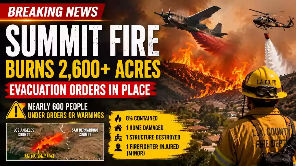 Breaking News YouTube thumbnail showing the Summit Fire burning more than 2,600 acres in Northern Los Angeles County as firefighting aircraft, helicopters, and firefighters battle the fast-moving California wildfire amid evacuation orders.