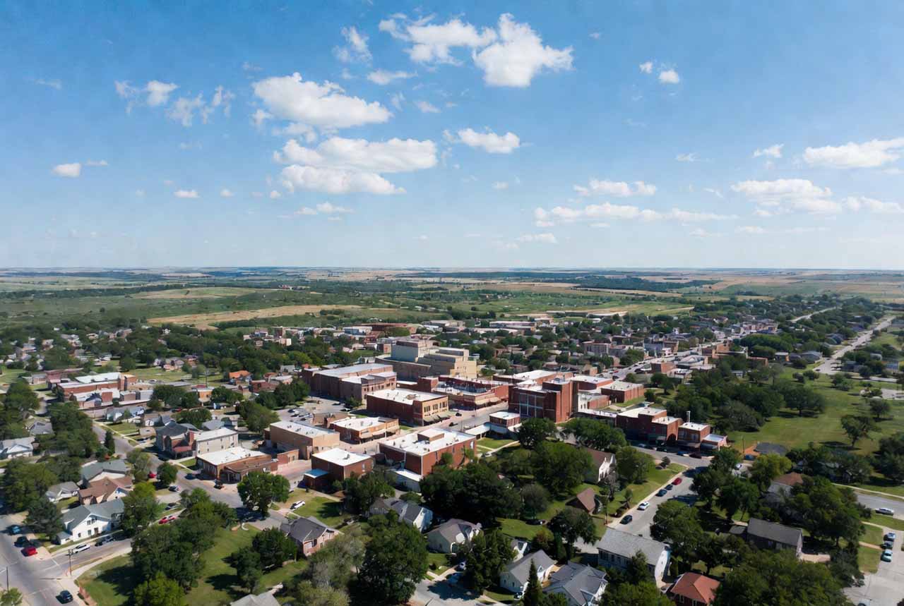 Elevated view of Elevated view of Holdenville Oklahoma showing downtown, residential areas, and surrounding rural landscape in Hughes County