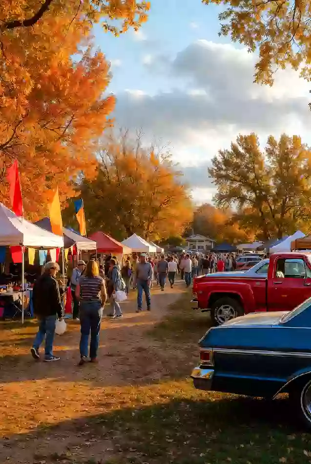 People at a small-town festival with vendor tents and classic cars