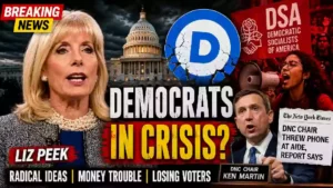Liz Peek discusses the Democratic Party's political and fundraising challenges following controversial Democratic Socialists of America (DSA) remarks, with the U.S. Capitol, Democratic logo, and protest imagery featured in a breaking news YouTube thumbnail.