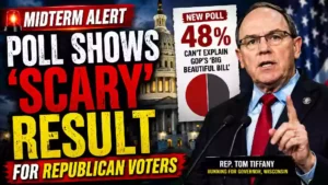 Rep. Tom Tiffany speaks during a political event as a graphic highlights new polling showing Republican voter concerns ahead of the 2026 U.S. midterm elections.