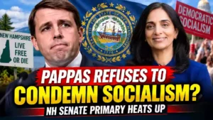 Chris Pappas and Karishma Manzoor featured in a dramatic New Hampshire Senate primary graphic highlighting questions over socialism and the Democratic primary race.