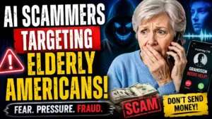 AI scammers targeting elderly Americans with fraudulent phone calls, financial scams, and pressure tactics, featuring a worried senior woman receiving a suspicious call