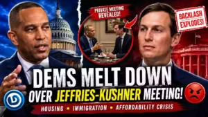 Hakeem Jeffries and Jared Kushner featured in a dramatic political thumbnail highlighting Democratic backlash over their reported meeting and discussions about housing, immigration and the affordability crisis.