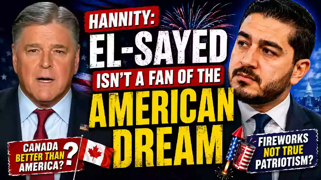 Political commentary YouTube thumbnail featuring two men, American flag background, fireworks, U.S. Capitol and headline about Abdul El-Sayed and the American Dream