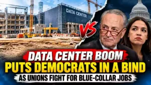 Data center construction site with cranes contrasted against U.S. Capitol and Democratic lawmakers, illustrating the political battle over data center development and blue-collar union jobs.
