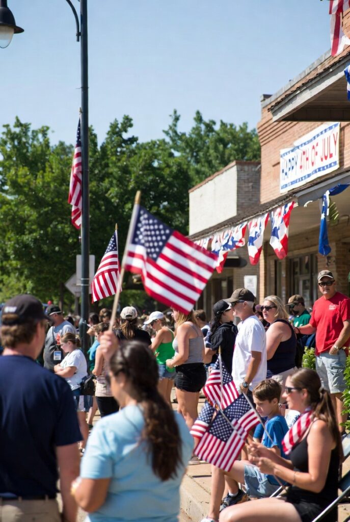 Families enjoying a July 4th patriotic celebration in a central Oklahoma small town during America 250