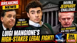 Breaking news thumbnail showing a courtroom legal battle involving a young defendant, a legal analyst, and a former defendant, with double jeopardy, New York case, new trial, and DNA evidence graphics.