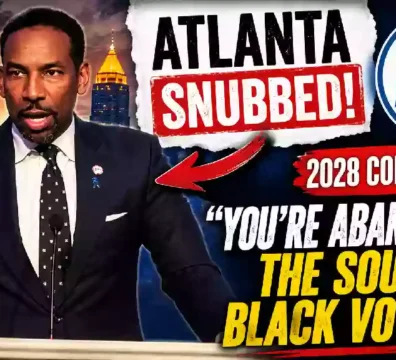 Atlanta DNC 2028 convention snub thumbnail showing a Black male speaker at a podium with Atlanta skyline, DNC logo and headline about abandoning the South and Black voters