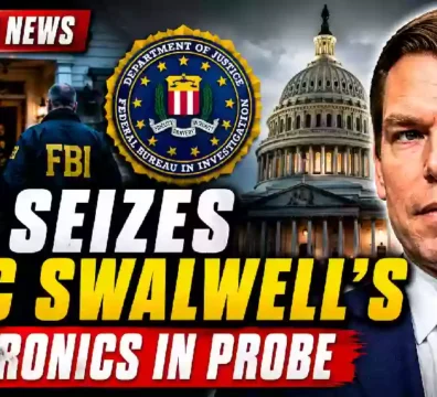 Eric Swalwell FBI investigation thumbnail showing FBI agents, Department of Justice seal, U.S. Capitol and former Congressman Eric Swalwell
