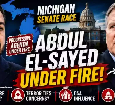 Abdul El-Sayed and Mike Rogers face off in a dramatic Michigan Senate race graphic highlighting progressive politics, Medicare for All, DSA influence and Republican opposition.