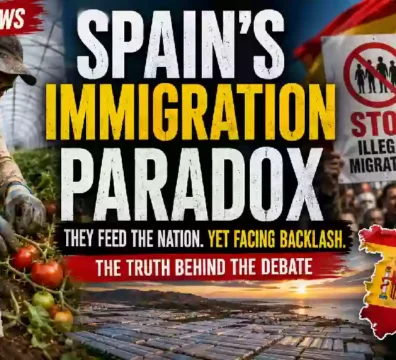 Spain immigration paradox showing a migrant agricultural worker harvesting tomatoes in Almeria greenhouses alongside an anti-immigration protest, highlighting migrant labor and Spain’s immigration debate.