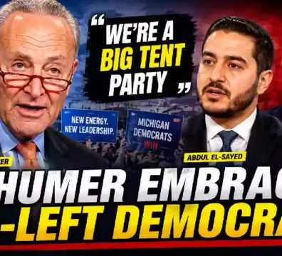 Chuck Schumer pictured alongside a U.S. Capitol backdrop with headline about his support for progressive Democrats ahead of the 2026 midterm elections.