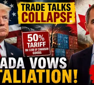 Donald Trump and Canadian Prime Minister Mark Carney featured in a dramatic U.S.-Canada trade dispute graphic showing 50% tariffs on $20 billion of Canadian goods and Canada's retaliation threat.
