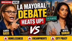 Karen Bass and Nithya Raman face off in a Los Angeles mayoral debate over homelessness, encampments and city policy