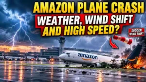 Amazon plane crash thumbnail showing a damaged Amazon cargo aircraft on a stormy runway, with lightning, severe weather, a sudden wind shift, and high-speed landing concerns.