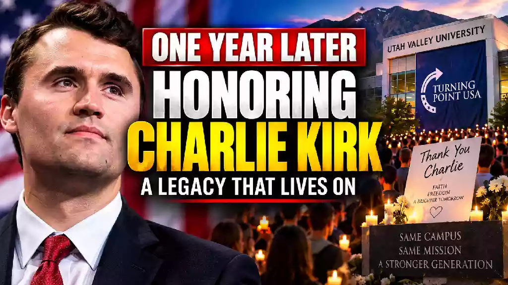Charlie Kirk one year later memorial at Utah Valley University, with supporters honoring his legacy and Turning Point USA movement
