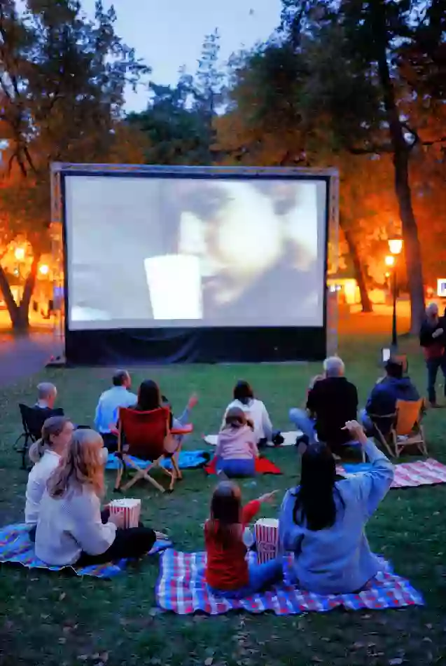 Families gathered on blankets for free outdoor movie screening