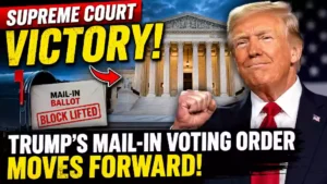 Supreme Court gives Trump temporary victory as mail-in voting order moves forward, featuring Donald Trump, the U.S. Supreme Court building, and a mail-in ballot marked block lifted.