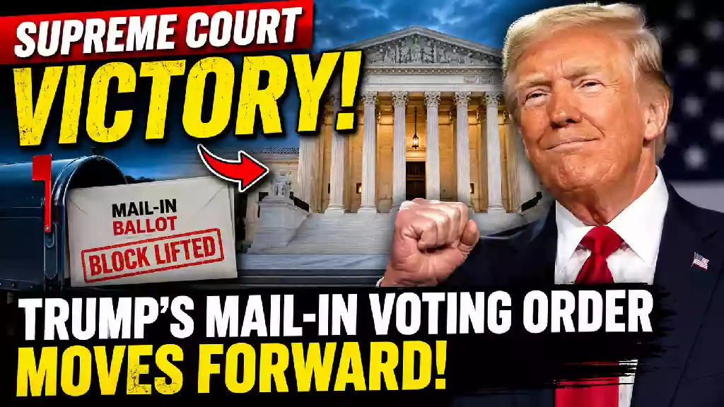 Supreme Court gives Trump temporary victory as mail-in voting order moves forward, featuring Donald Trump, the U.S. Supreme Court building, and a mail-in ballot marked block lifted.